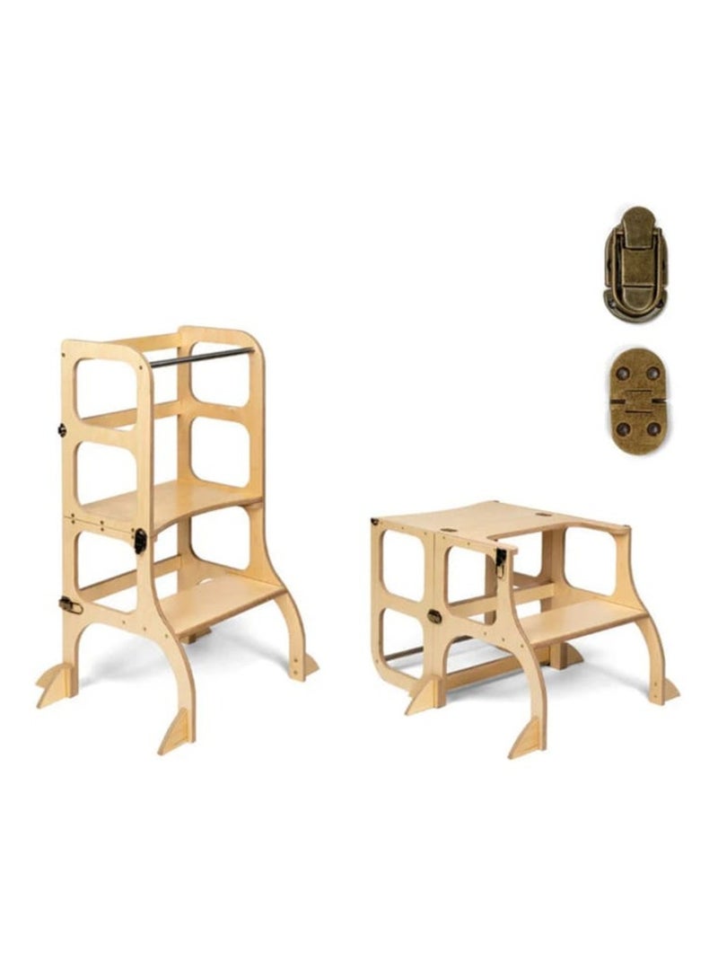 Tour d’apprentissage STEP’n’SIT 2-en-1 (tour + table) avec stabilisateur charnières Laiton vieilli Bois naturel - Kiabi