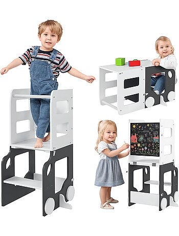 Tour d'observation enfant tour d'apprentissage 4 en 1 design voiture bois blanc anthracite