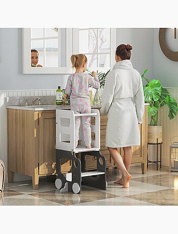 Tour d'observation enfant tour d'apprentissage 4 en 1 design voiture bois blanc anthracite