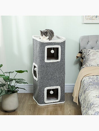 Tour pour chat h.100cm 4 niveaux 3 boules plateforme d'observation gris blanc