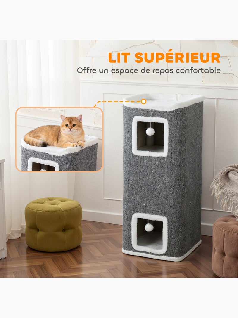 Tour pour chat h.100cm 4 niveaux 3 boules plateforme d'observation gris blanc Gris - Kiabi