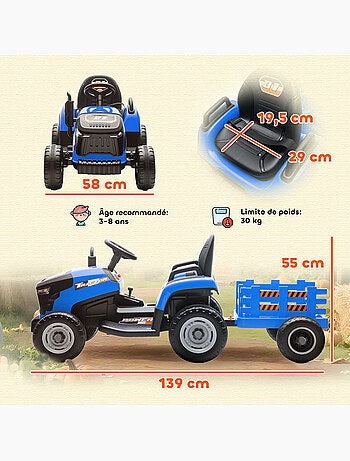 Tracteur électrique enfant avec remorque amovible et télécommande nombreux effets