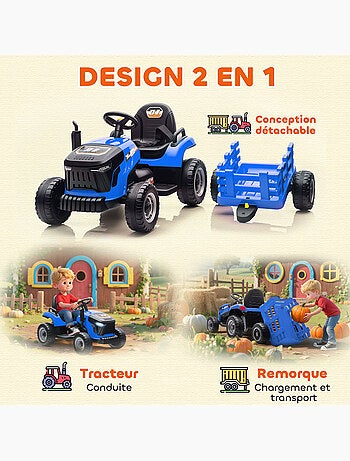 Tracteur électrique enfant avec remorque amovible et télécommande nombreux effets