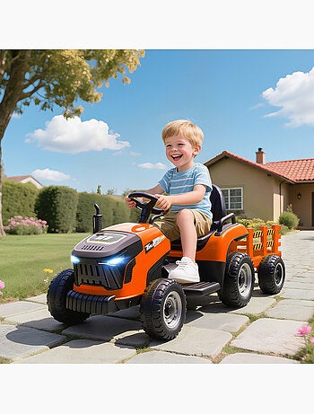 Tracteur électrique enfant avec remorque amovible et télécommande nombreux effets