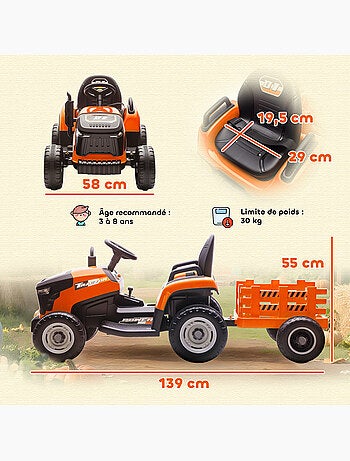 Tracteur électrique enfant avec remorque amovible et télécommande nombreux effets