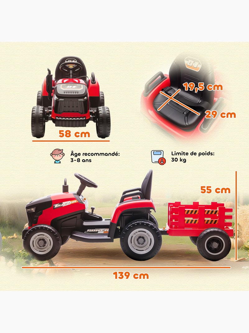 Tracteur électrique enfant avec remorque amovible et télécommande nombreux effets Rouge - Kiabi