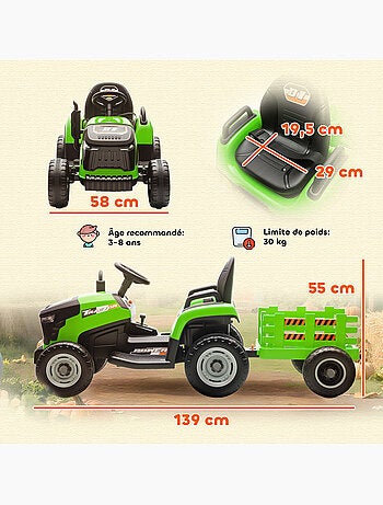 Tracteur électrique enfant avec remorque amovible et télécommande nombreux effets