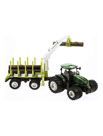 Tracteur miniature 1:24 avec remorque forestière et rondins de bois effet sonore