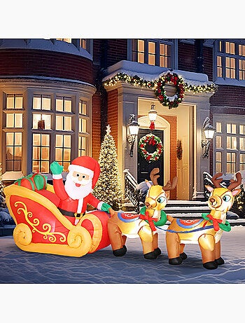 Traîneau père noël gonflable led avec 2 rennes - accessoires inclus - polyester
