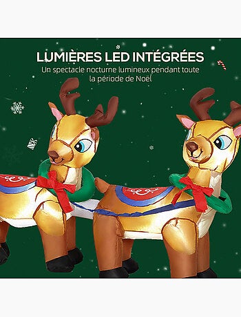 Traîneau père noël gonflable led avec 2 rennes - accessoires inclus - polyester