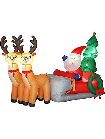 Traîneau père noël gonflable led avec 2 rennes accessoires inclus