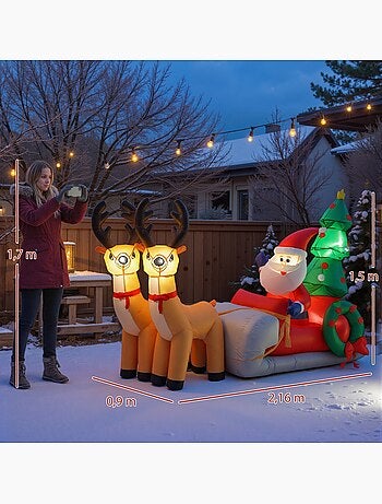 Traîneau père noël gonflable led avec 2 rennes accessoires inclus