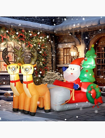 Traîneau père noël gonflable led avec 2 rennes accessoires inclus