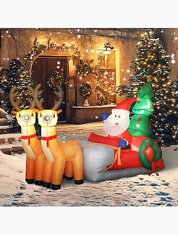 Traîneau père noël gonflable led avec 2 rennes accessoires inclus