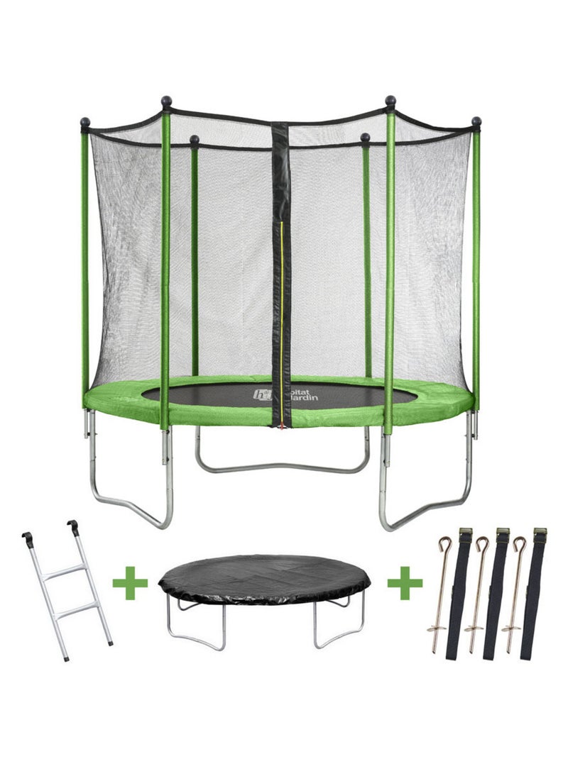 Trampoline "Yoopi" - Ø 1.8 m - Avec filet + Echelle + Couverture + Kit d'ancrage Vert - Kiabi