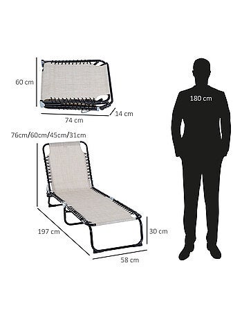 Transat pliable dossier inclinable réglable acier textilène