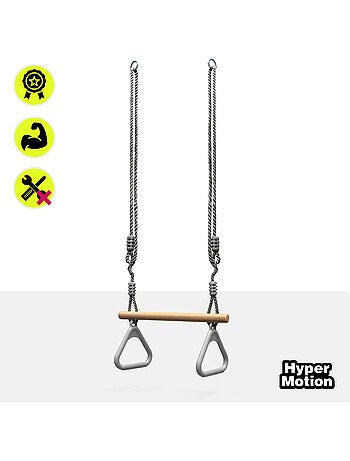 Trapèze de gymnastique enfant hypermotion avec anneaux et barre en bois dès 3 ans