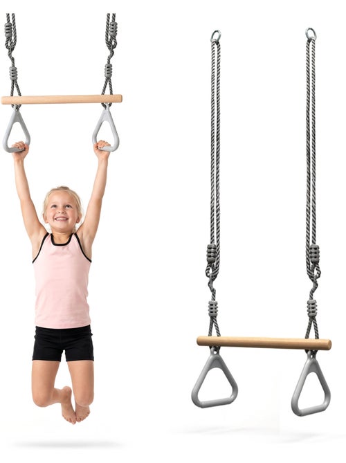 Trapèze de gymnastique enfant hypermotion avec anneaux et barre en bois dès 3 ans - Kiabi