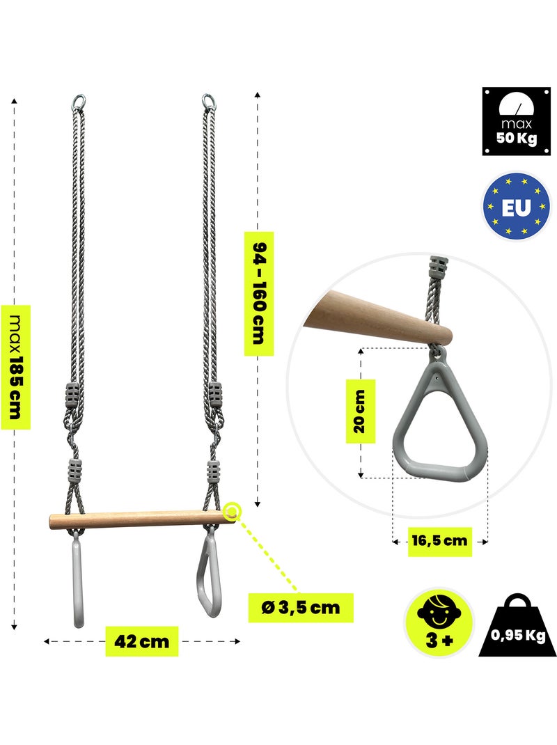 Trapèze de gymnastique enfant hypermotion avec anneaux et barre en bois dès 3 ans Gris - Kiabi