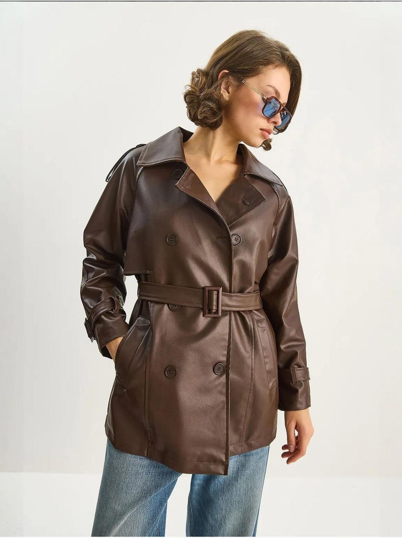 Trench-coat croisé en similicuir lucci Marron clair - Kiabi