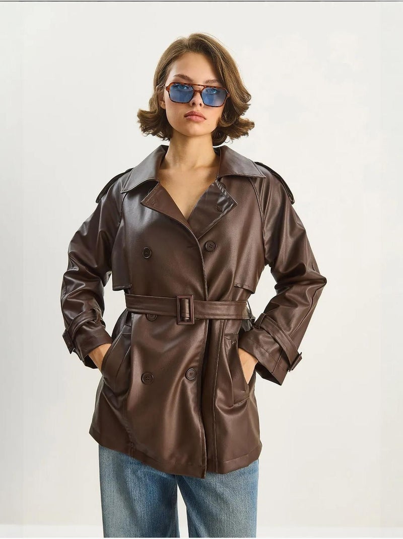 Trench-coat croisé en similicuir lucci Marron clair - Kiabi