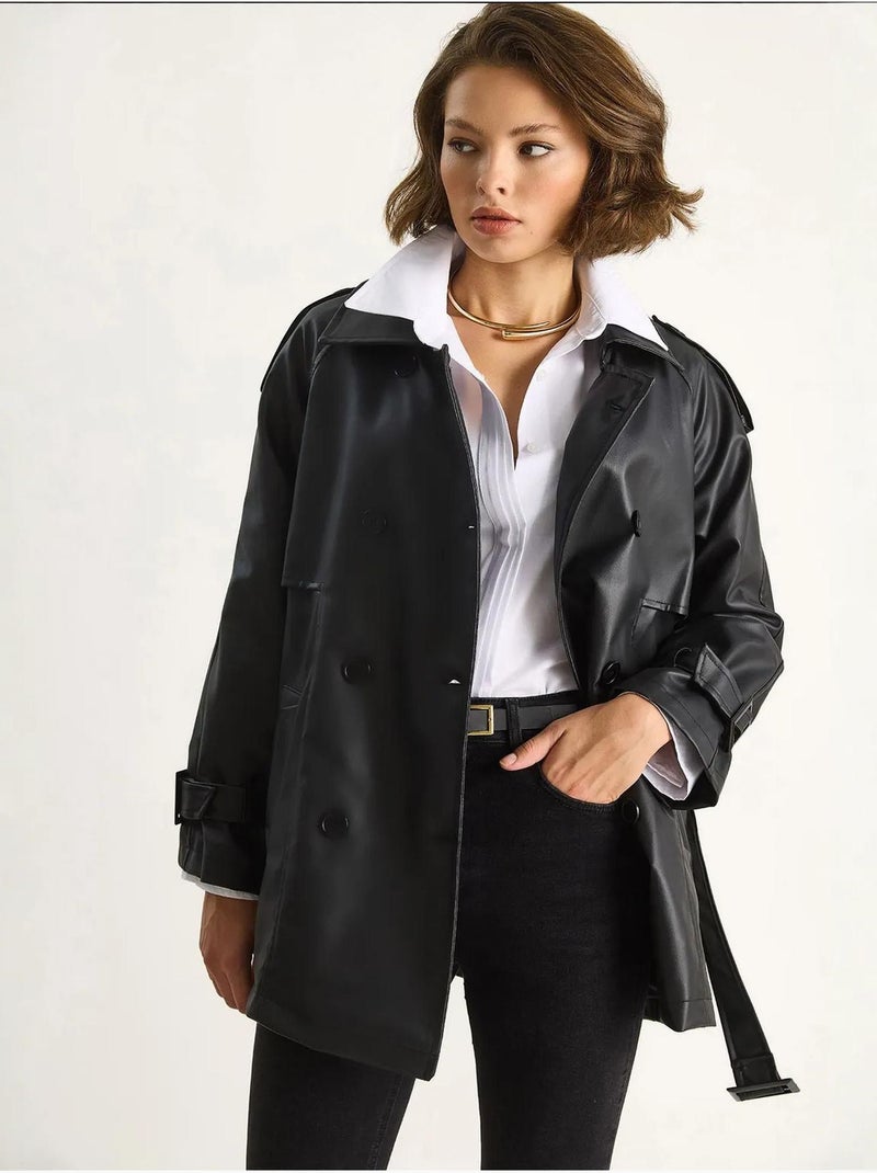 Trench-coat croisé en similicuir lucci Noir - Kiabi