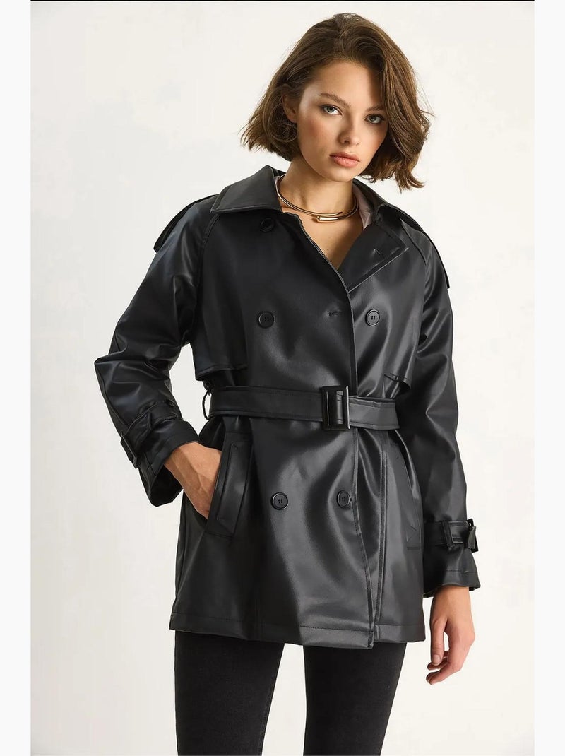 Trench-coat croisé en similicuir lucci Noir - Kiabi