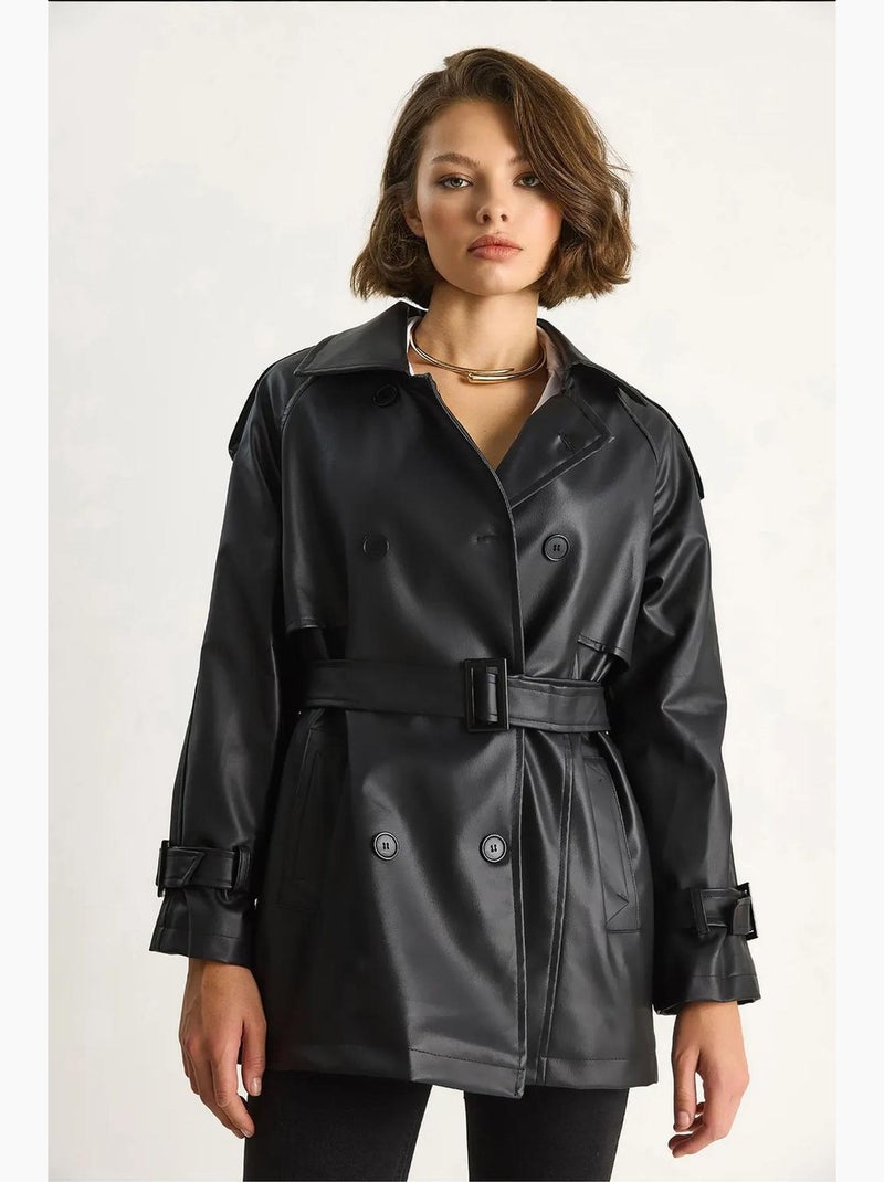Trench-coat croisé en similicuir lucci Noir - Kiabi