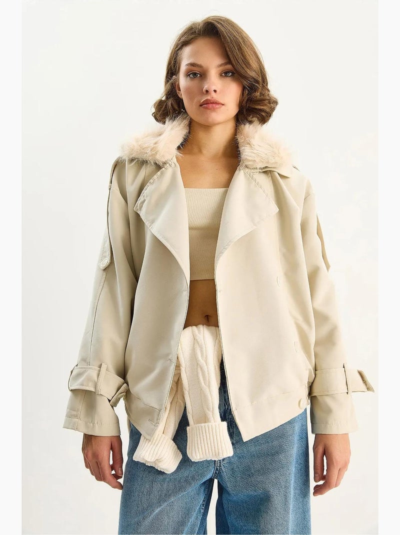 Trench-coat en fausse fourrure avec fermeture à boucle lucci Sable - Kiabi
