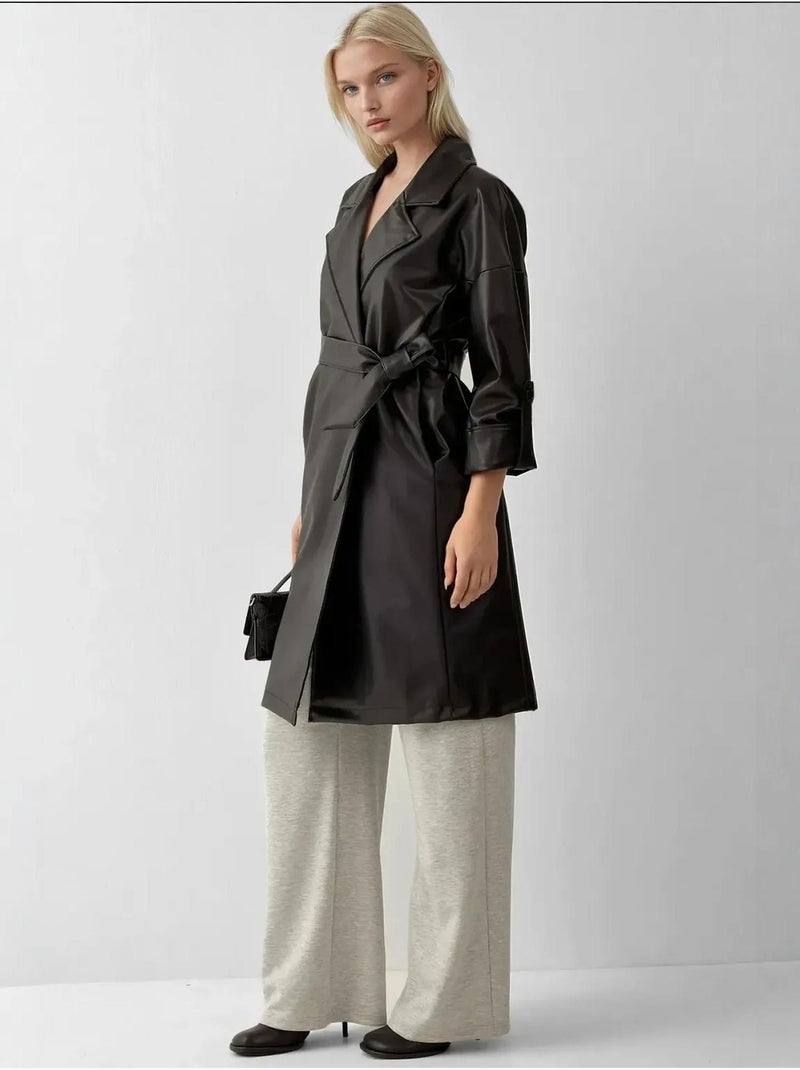 Trench-coat en similicuir avec ceinture bdart Noir - Kiabi