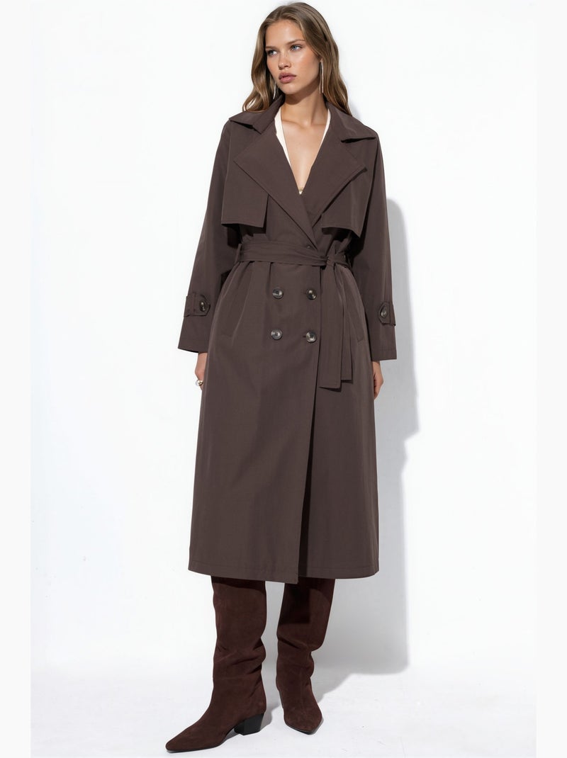 Trench-coat long ceinturé à double boutonnage hiccup Marron chocolat - Kiabi