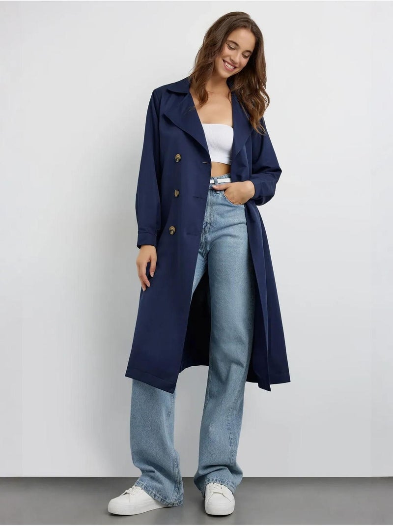 Trench-coat long croisé avec ceinture Bleu marine - Kiabi