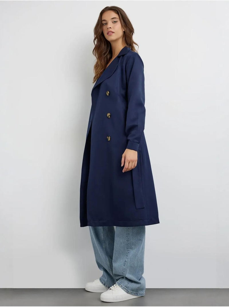 Trench-coat long croisé avec ceinture Bleu marine - Kiabi