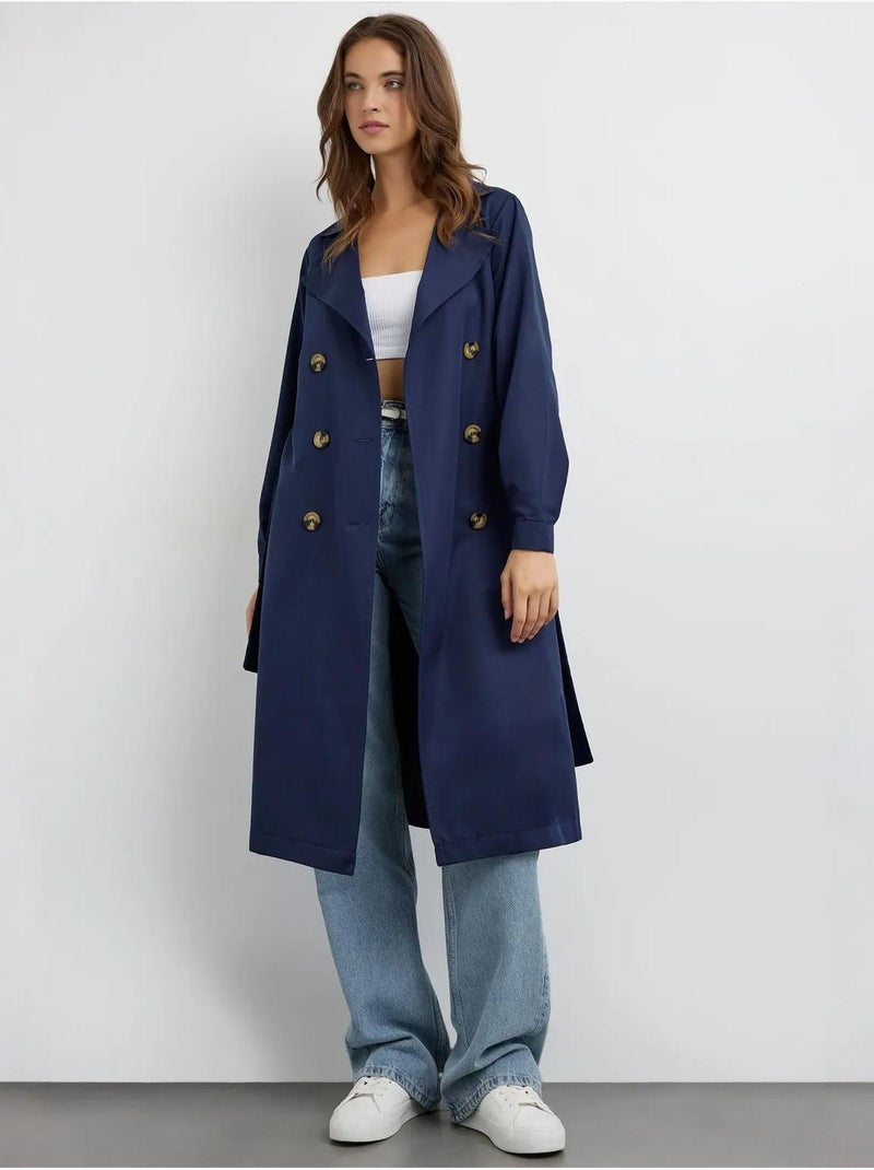Trench-coat long croisé avec ceinture Bleu marine - Kiabi
