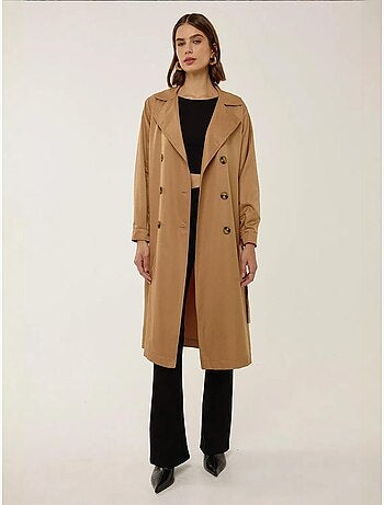 Trench-coat long croisé avec ceinture