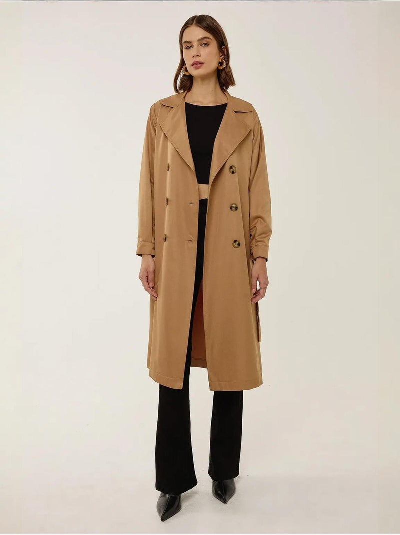 Trench-coat long croisé avec ceinture Camel - Kiabi
