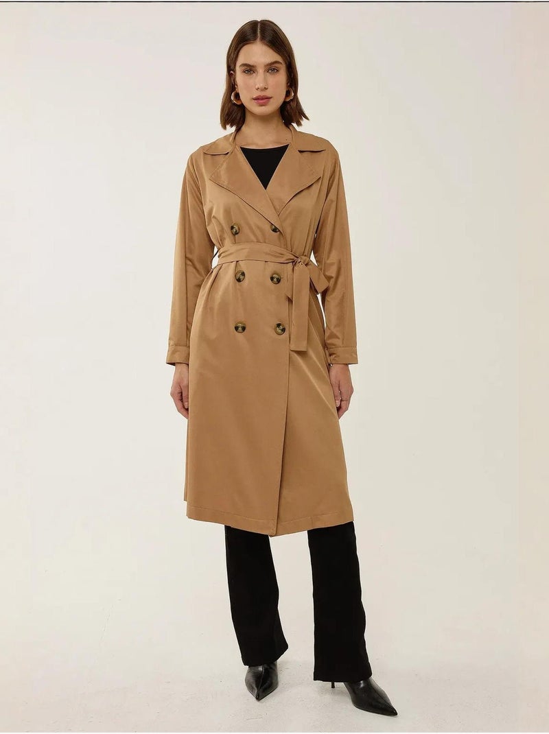 Trench-coat long croisé avec ceinture Camel - Kiabi