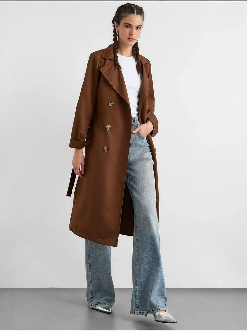 Trench-coat long croisé avec ceinture Marron - Kiabi
