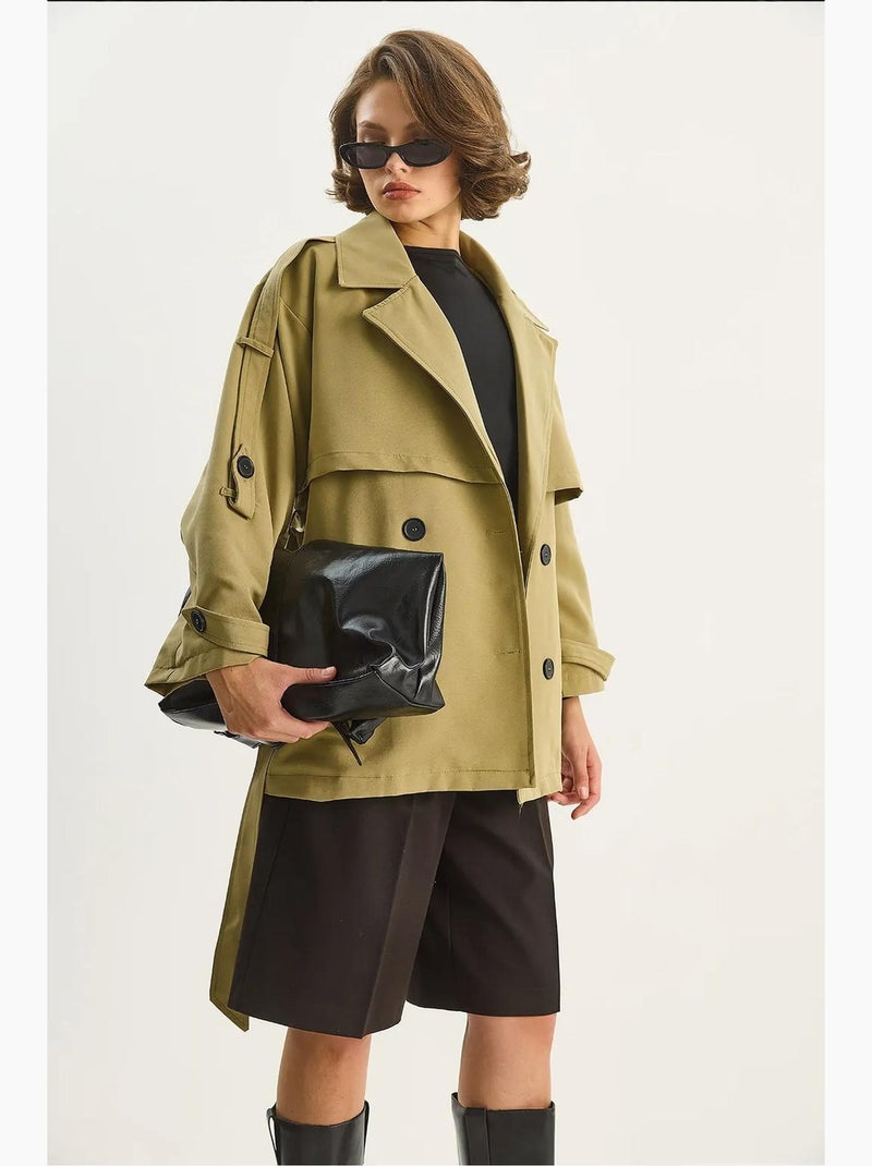 Trench-coat mi-long boutonné d'épaisseur moyenne avec col chemise lucci Vert foncé - Kiabi