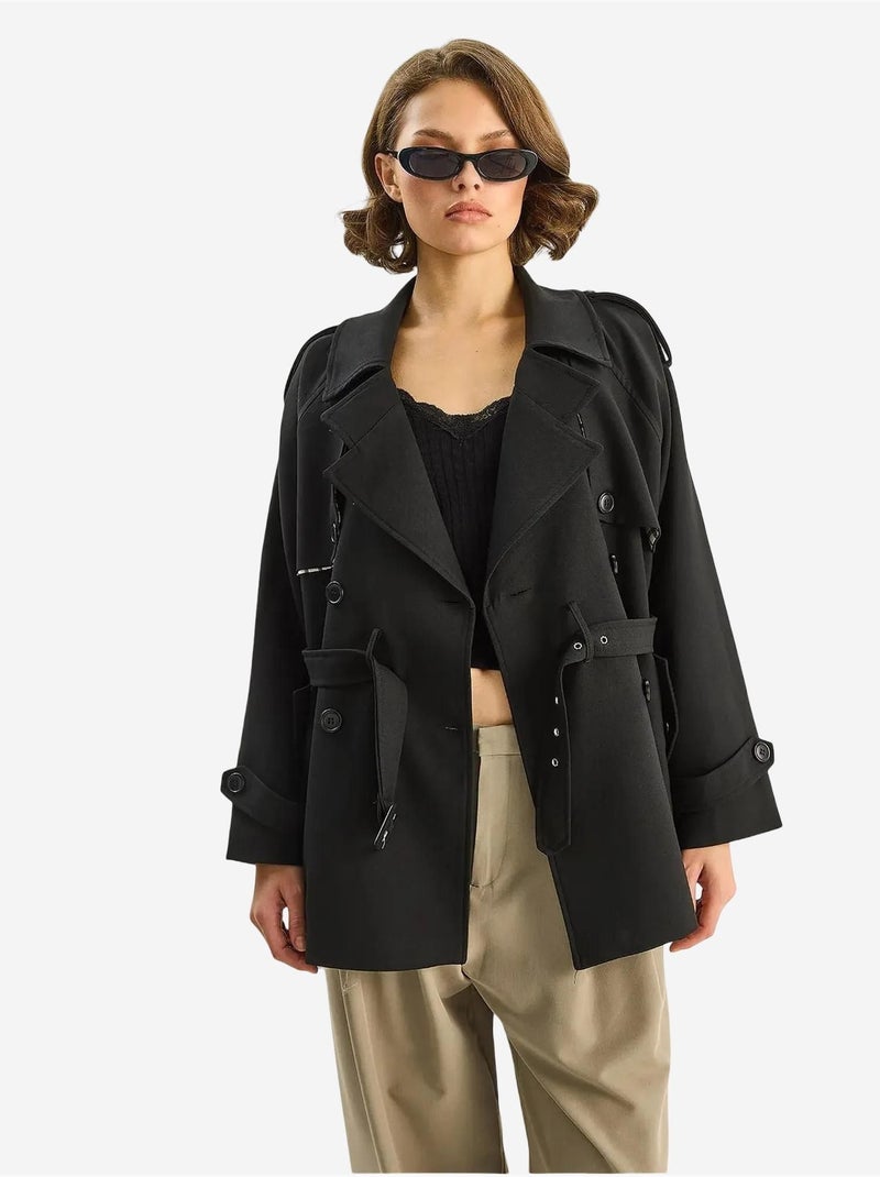 Trench-coat mi-long en mélange de coton avec fermeture boutonnée lucci Noir - Kiabi