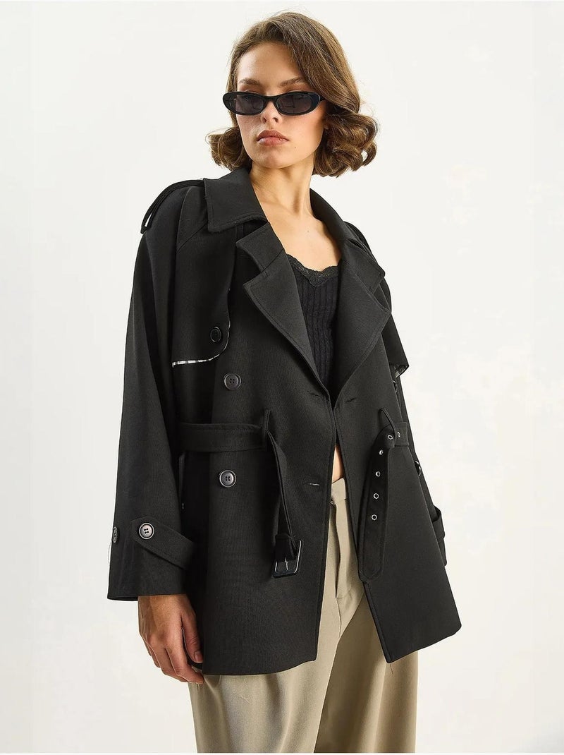 Trench-coat mi-long en mélange de coton avec fermeture boutonnée lucci Noir - Kiabi
