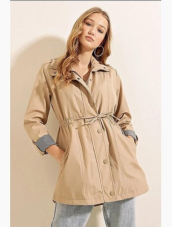 Trench-coat tissé à taille élastiquée avec cordon de serrage et poignets retroussables bdart