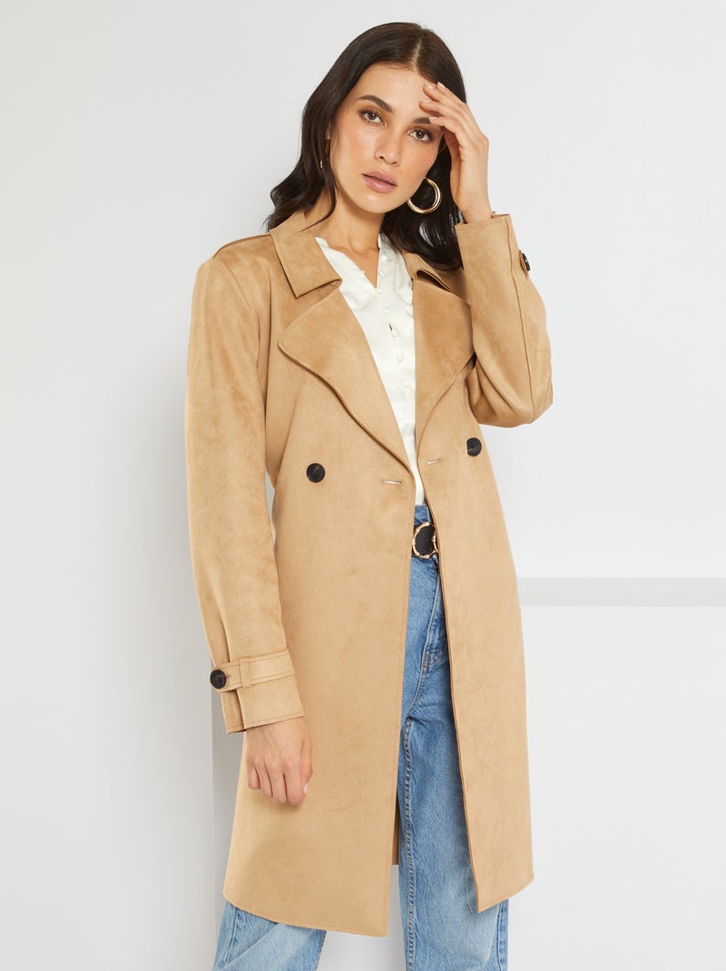 Trench mi-long en suédine Beige - Kiabi