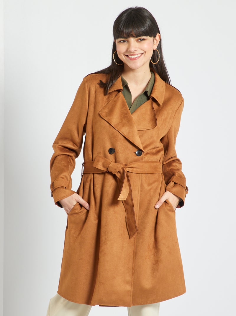 Trench mi-long en suédine Chocolat - Kiabi
