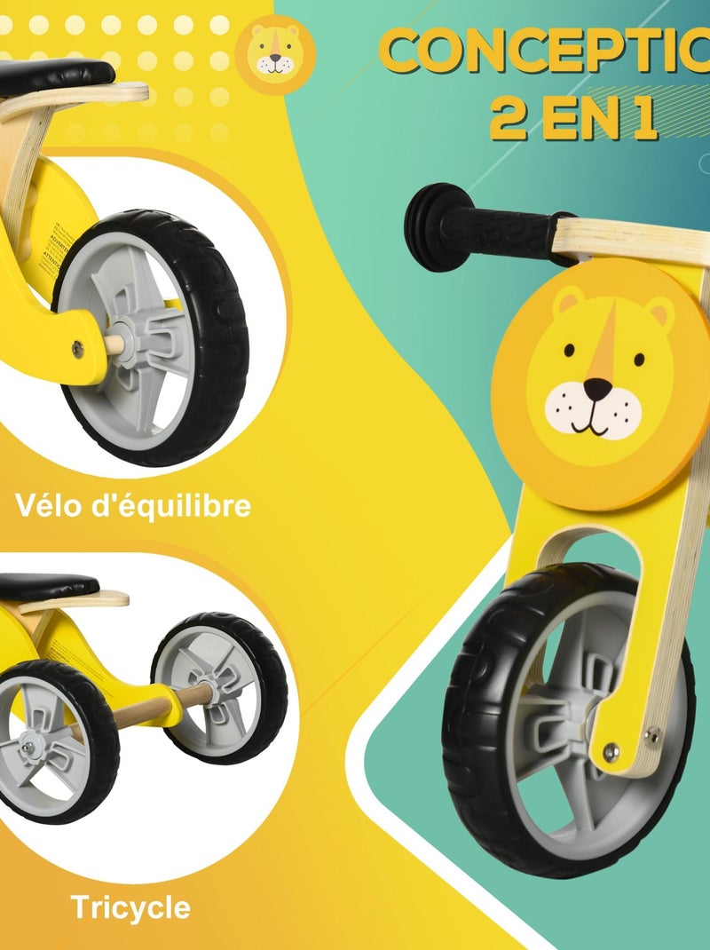 Tricycle draisienne enfant 2 en 1 selle réglable panneaux bois lion jaune Jaune - Kiabi