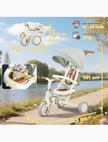 Tricycle enfant pliable évolutif 5 en 1 poignée telescopique