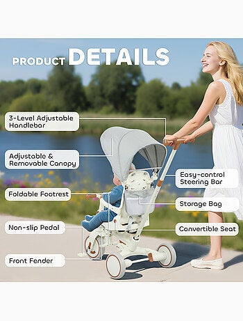 Tricycle enfant pliable évolutif 5 en 1 poignée telescopique