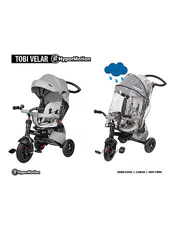 Tricycle Pour Enfant 1-5 ans 25 kg max, Poussette Habillage Pluie, Siège Pivotant, Pliante Grise
