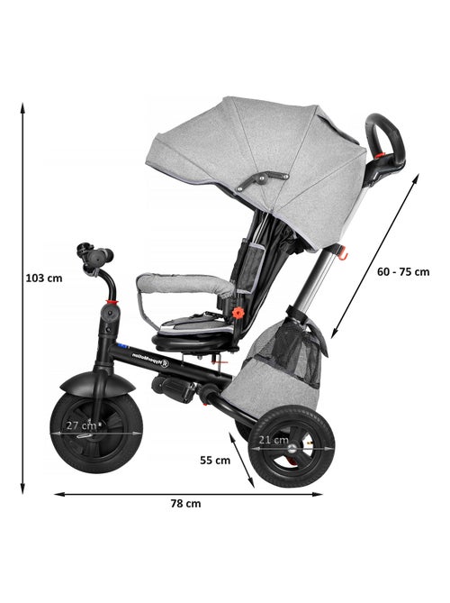 Tricycle Pour Enfant 1-5 ans 25 kg max, Poussette Habillage Pluie, Siège Pivotant, Pliante Grise - Kiabi
