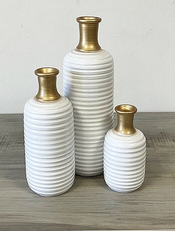 Trio de vases artisanaux en céramique blanc et or 40 cm